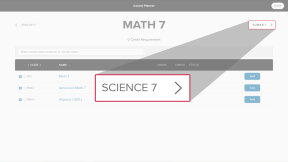Math 7 course list. The cursor is clicking the next subject in the student's course plan: Science 7.